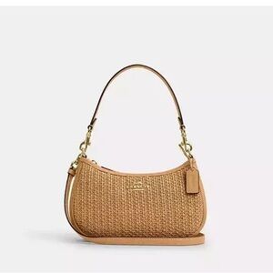 Viral COACH Teri 2way Shoulder Bag Crossbody Straw Smooth Leather Latte